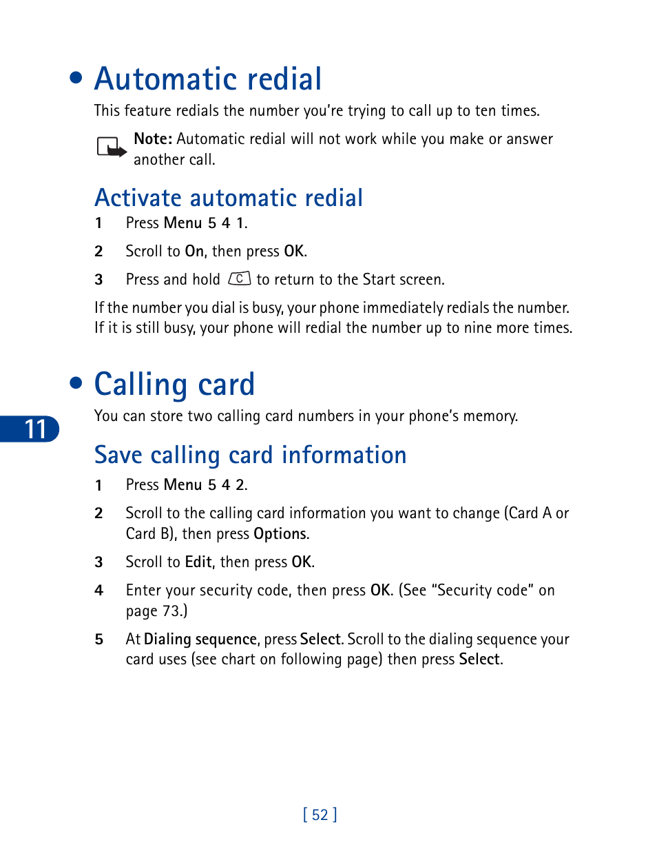 Automatic redial, Calling card, Activate automatic redial | Save calling card information | Nokia 3390 User Manual | Page 65 / 161