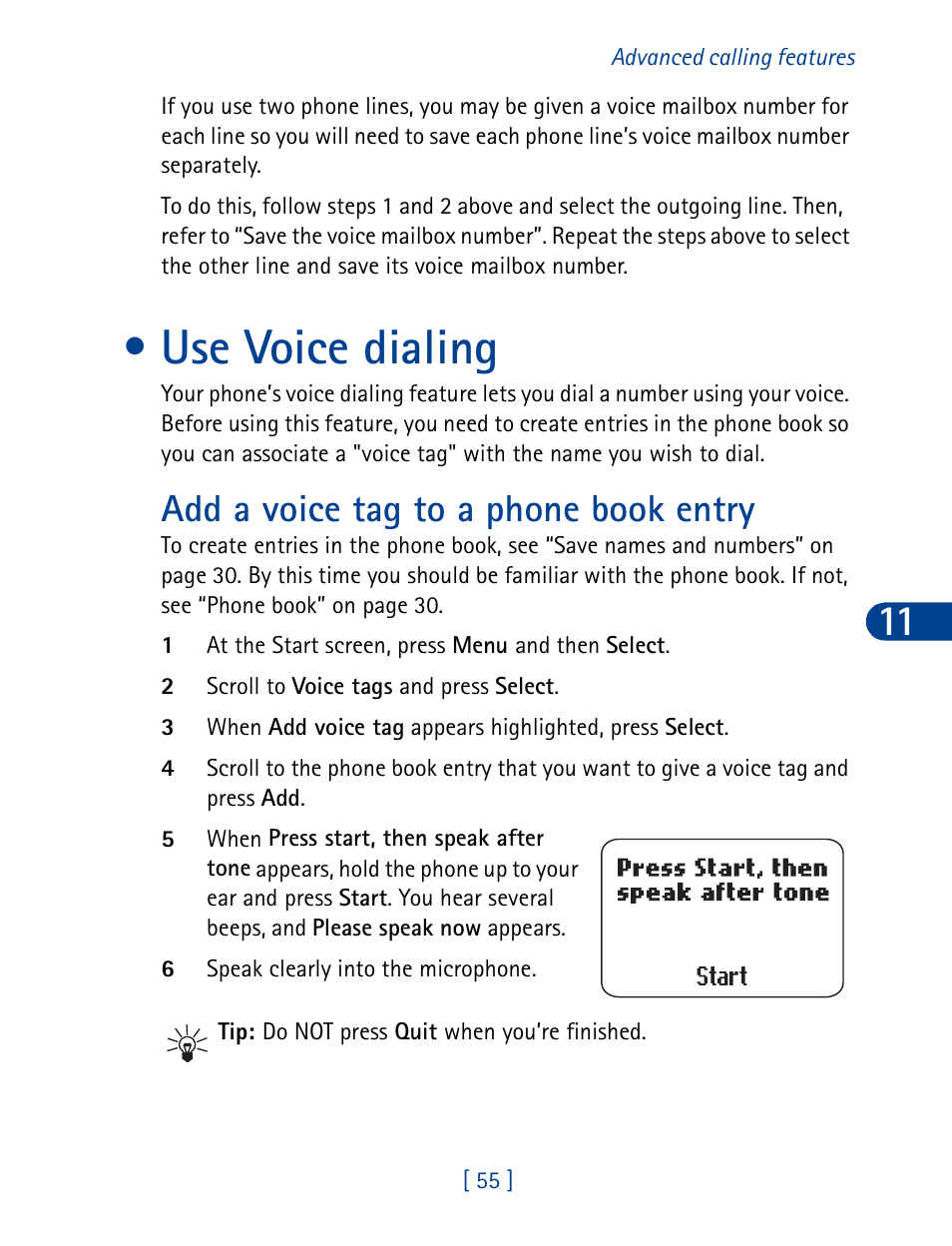 Use voice dialing, Add a voice tag to a phone book entry | Nokia 3390 User Manual | Page 68 / 161