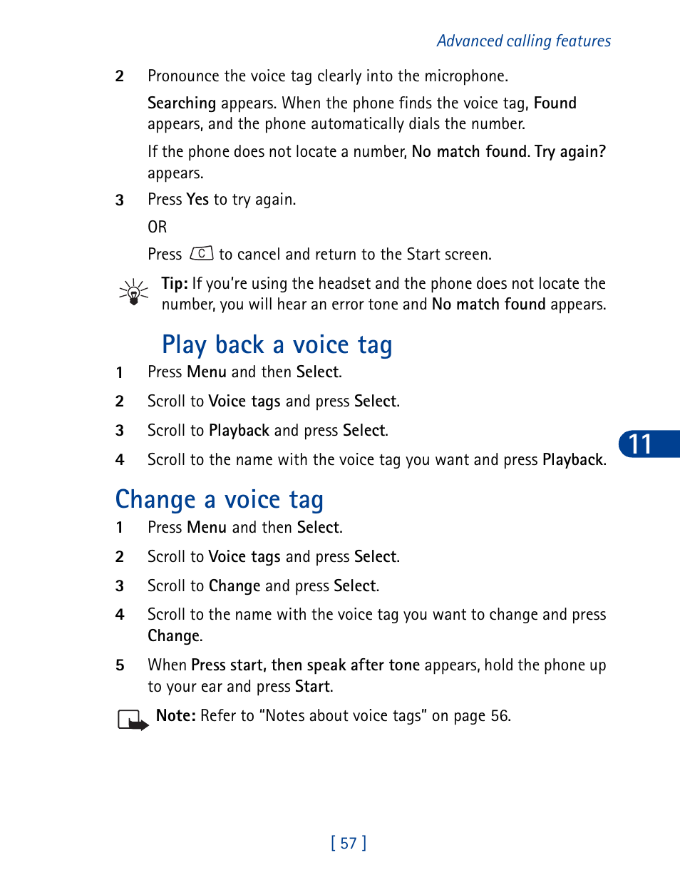 Play back a voice tag change a voice tag, Play back a voice tag, Change a voice tag | Nokia 3390 User Manual | Page 70 / 161