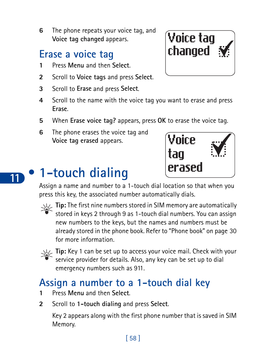 Touch dialing, Assign a number to a 1-touch dial key, Turn fixed dialing on or off | Erase a voice tag | Nokia 3390 User Manual | Page 71 / 161