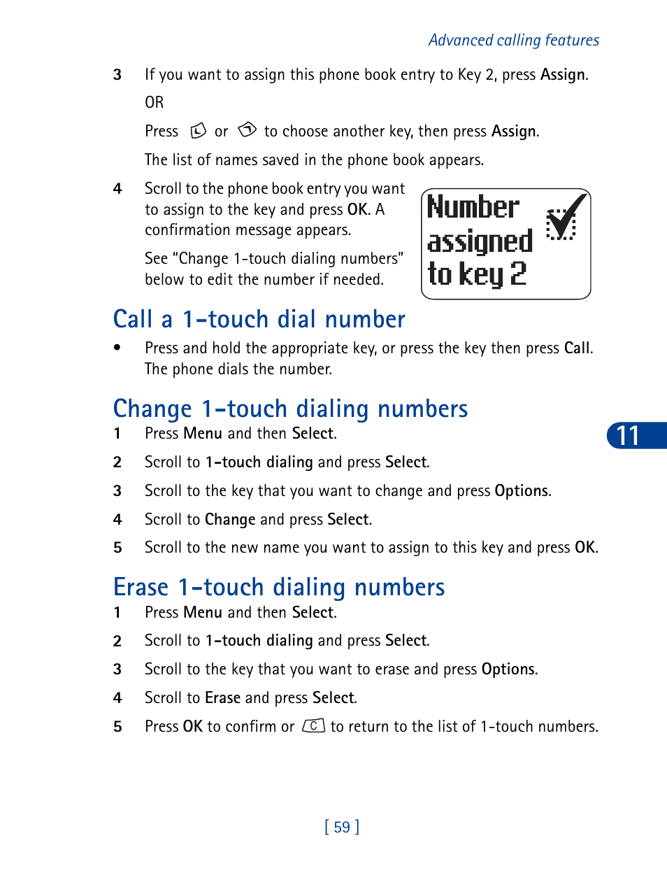 Call a 1-touch dial number, Change 1-touch dialing numbers, Erase 1-touch dialing numbers | Nokia 3390 User Manual | Page 72 / 161