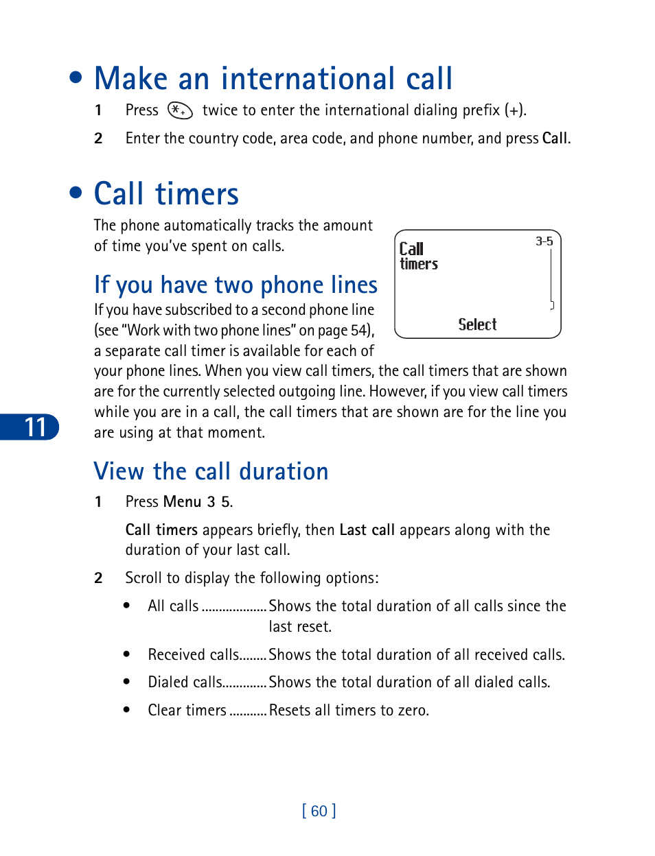 Make an international call, Call timers, Make an international call call timers | If you have two phone lines view the call duration, If you have two phone lines, View the call duration | Nokia 3390 User Manual | Page 73 / 161