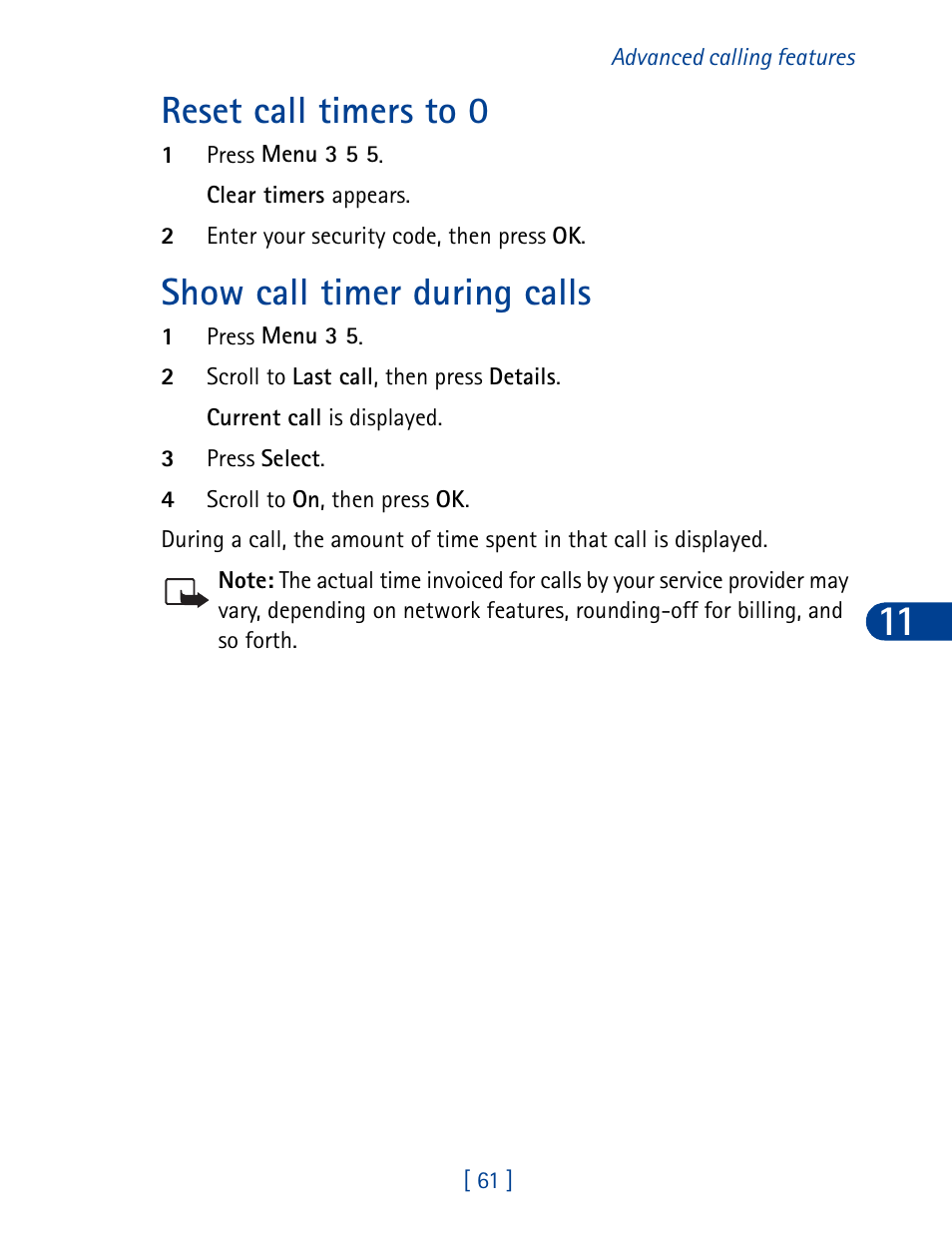 Reset call timers to 0, Show call timer during calls | Nokia 3390 User Manual | Page 74 / 161