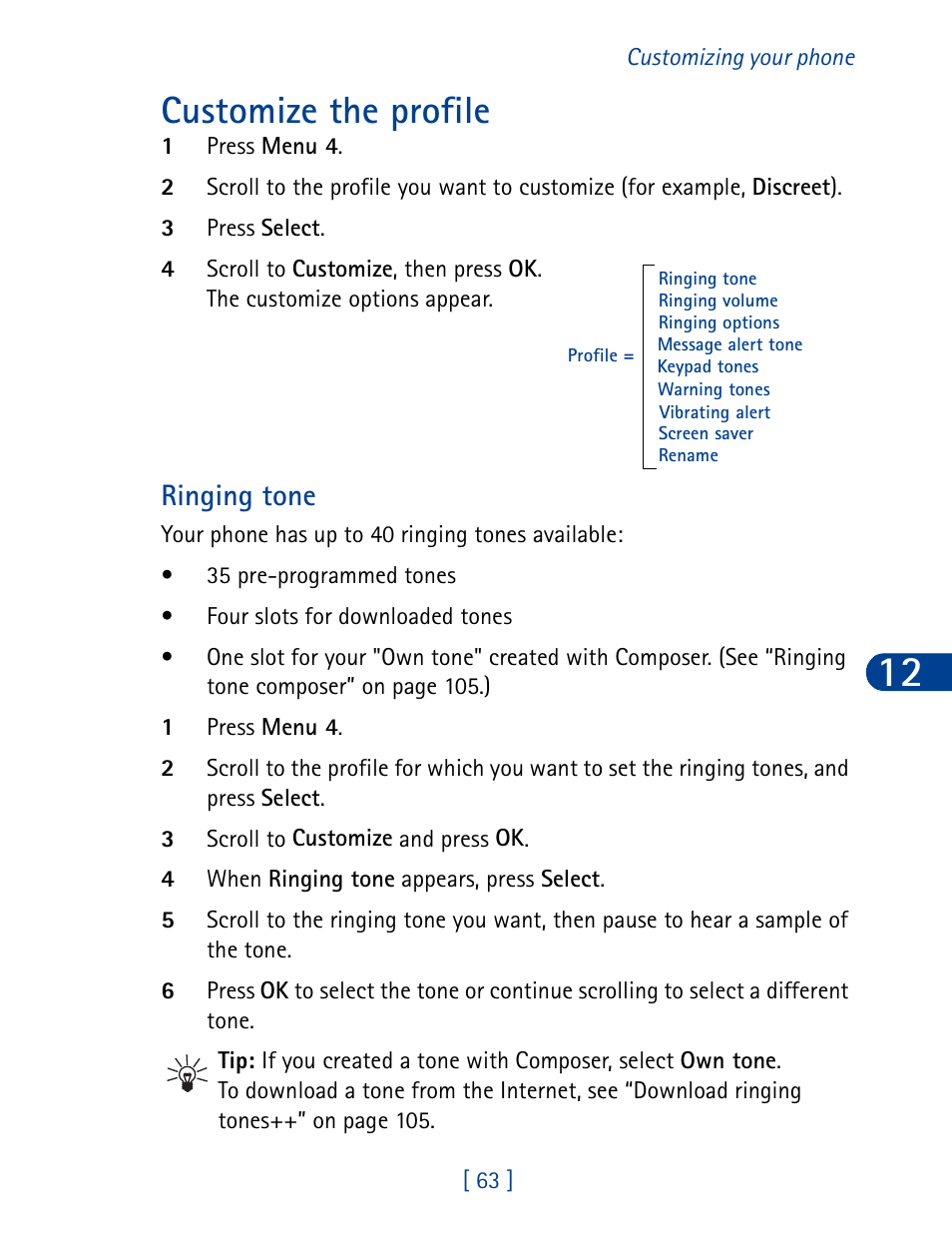 Customize the profile, Ringing tone | Nokia 3390 User Manual | Page 76 / 161