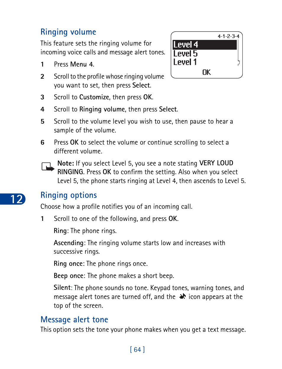 Ringing volume, Ringing options, Message alert tone | Nokia 3390 User Manual | Page 77 / 161