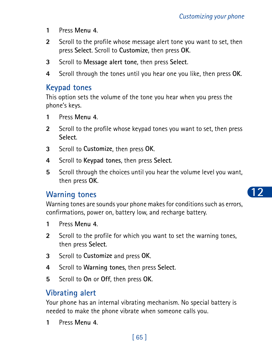 Keypad tones, Warning tones, Vibrating alert | Nokia 3390 User Manual | Page 78 / 161