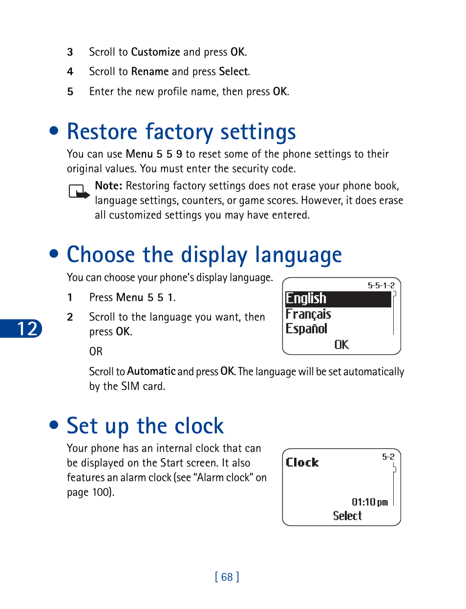 Restore factory settings, Choose the display language, Set up the clock | Nokia 3390 User Manual | Page 81 / 161