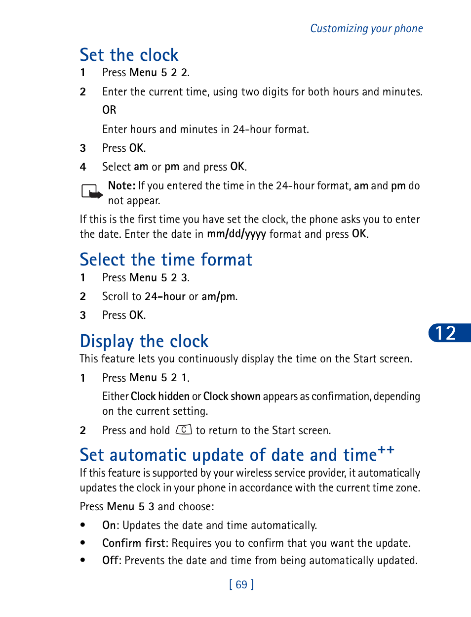 Set the clock, Select the time format, Display the clock | Set automatic update of date and time | Nokia 3390 User Manual | Page 82 / 161