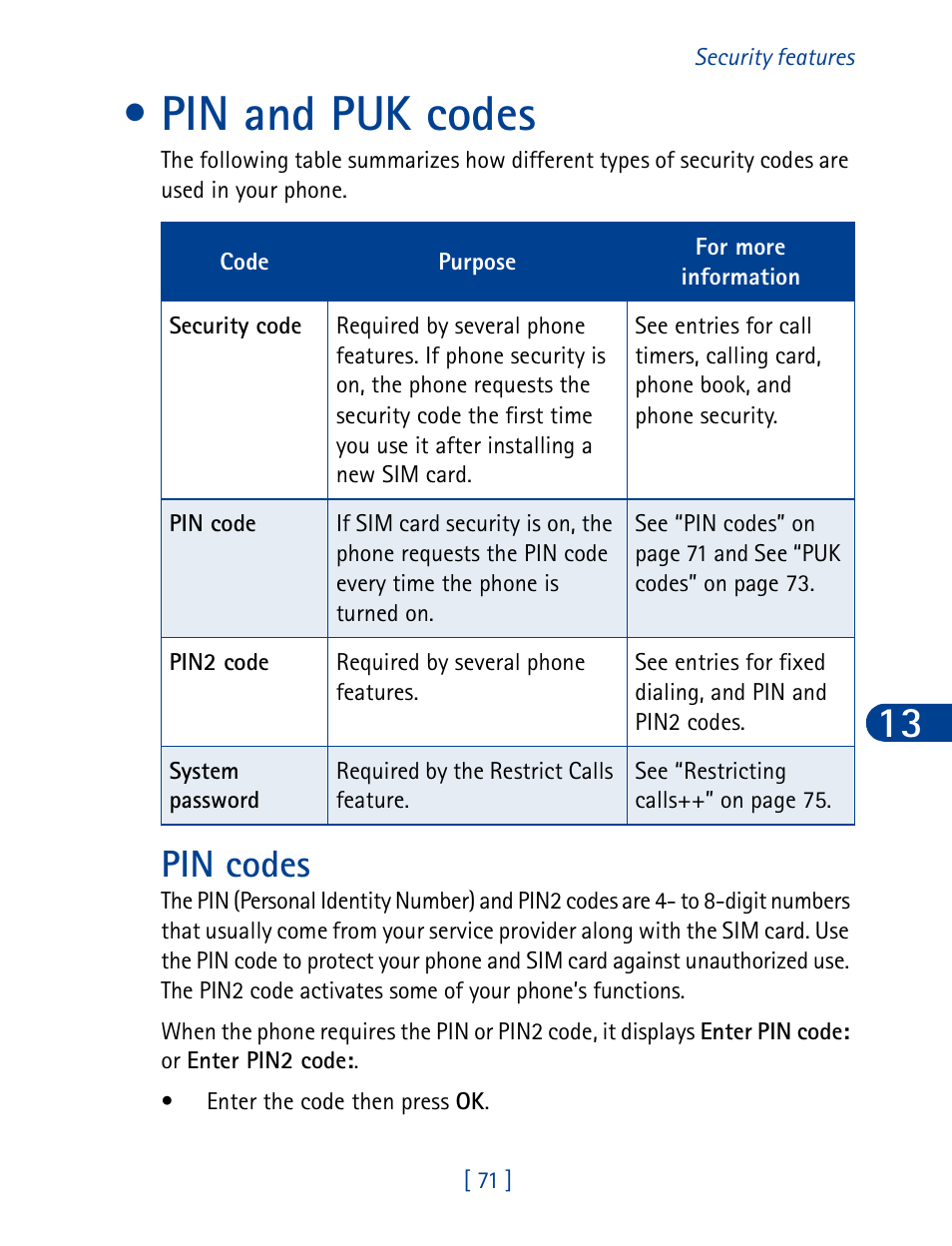 Pin and puk codes, Pin codes | Nokia 3390 User Manual | Page 84 / 161