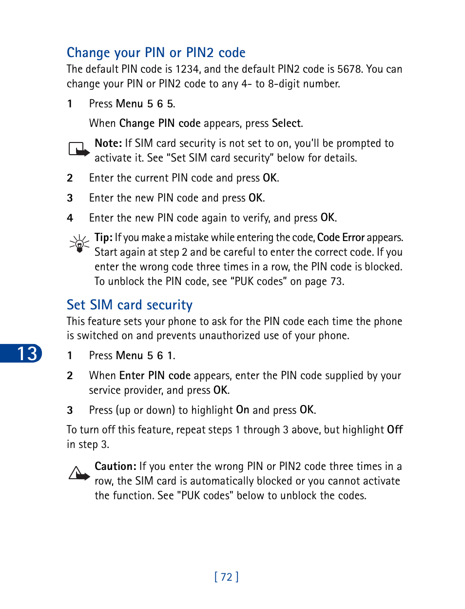 Change your pin or pin2 code, Set sim card security | Nokia 3390 User Manual | Page 85 / 161