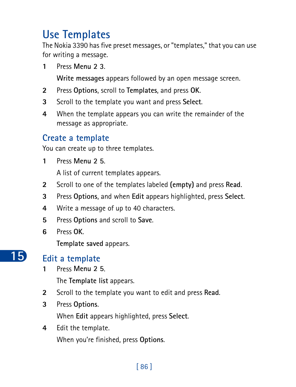 Use templates, Create a template, Edit a template | Nokia 3390 User Manual | Page 99 / 161