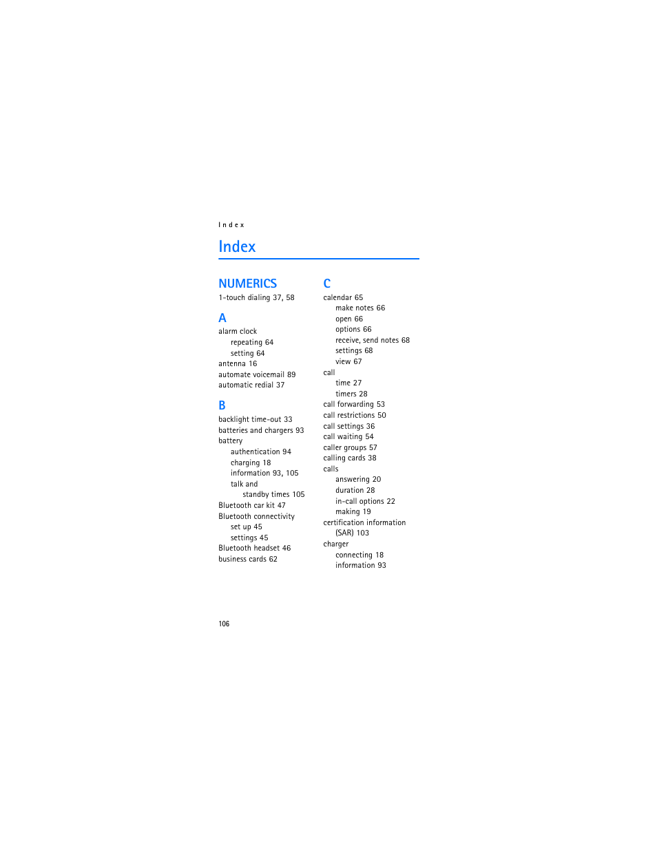 Index, Numerics | Nokia 2366i User Manual | Page 107 / 113
