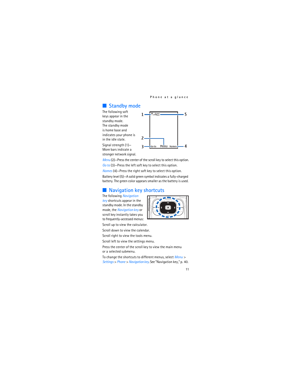 Standby mode, Navigation key shortcuts | Nokia 2366i User Manual | Page 12 / 113