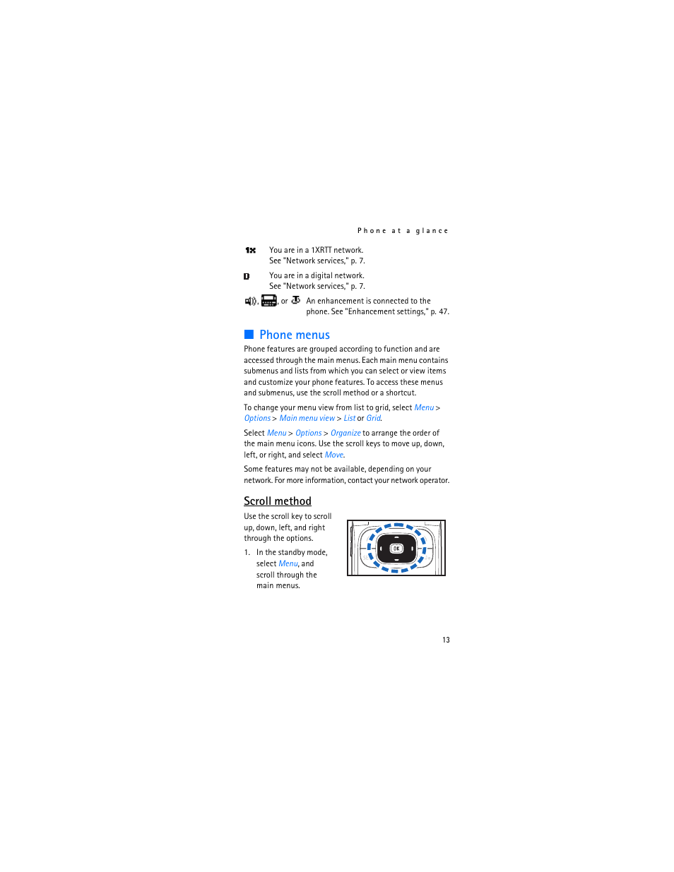 Phone menus, Scroll method | Nokia 2366i User Manual | Page 14 / 113