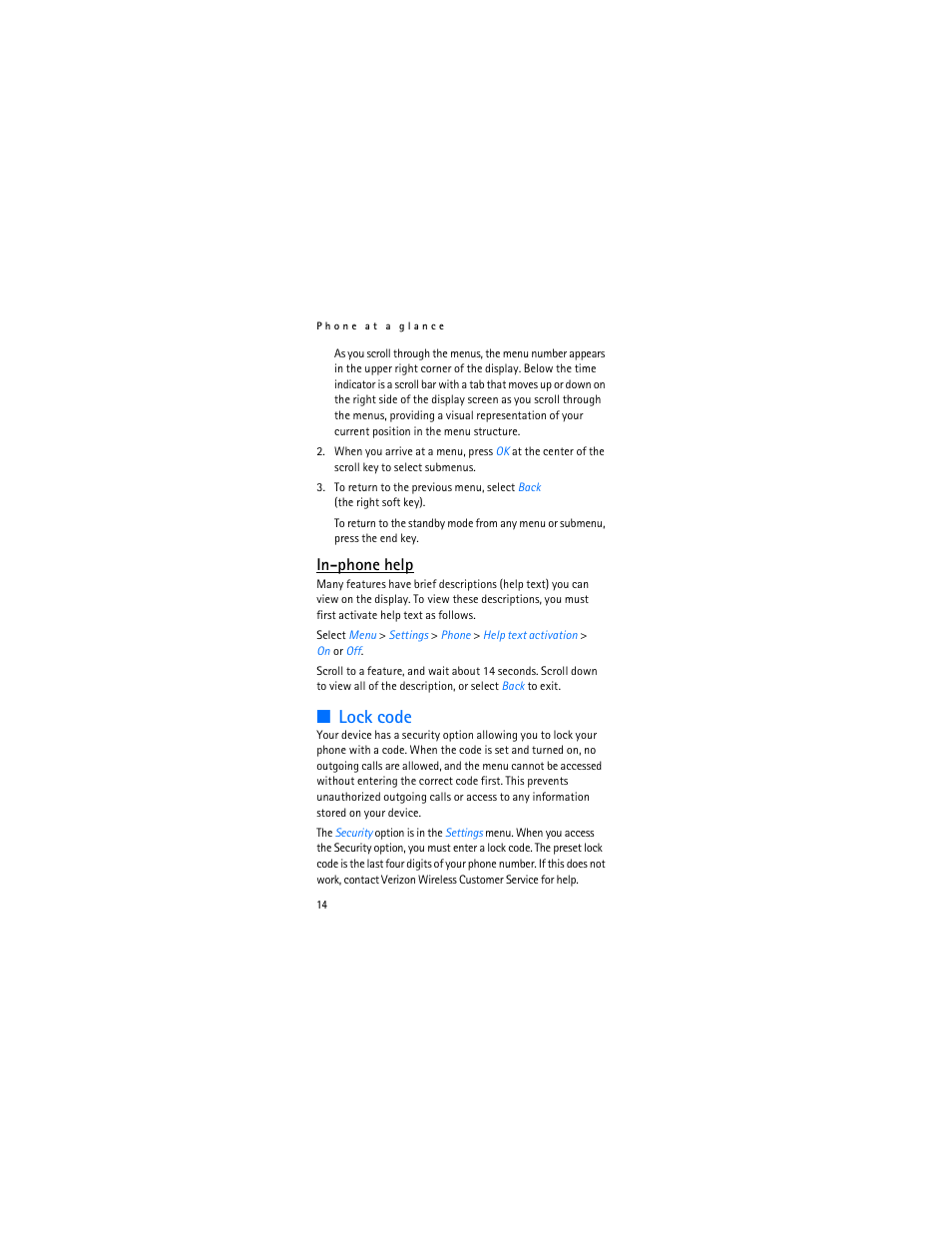 Lock code, In-phone help | Nokia 2366i User Manual | Page 15 / 113