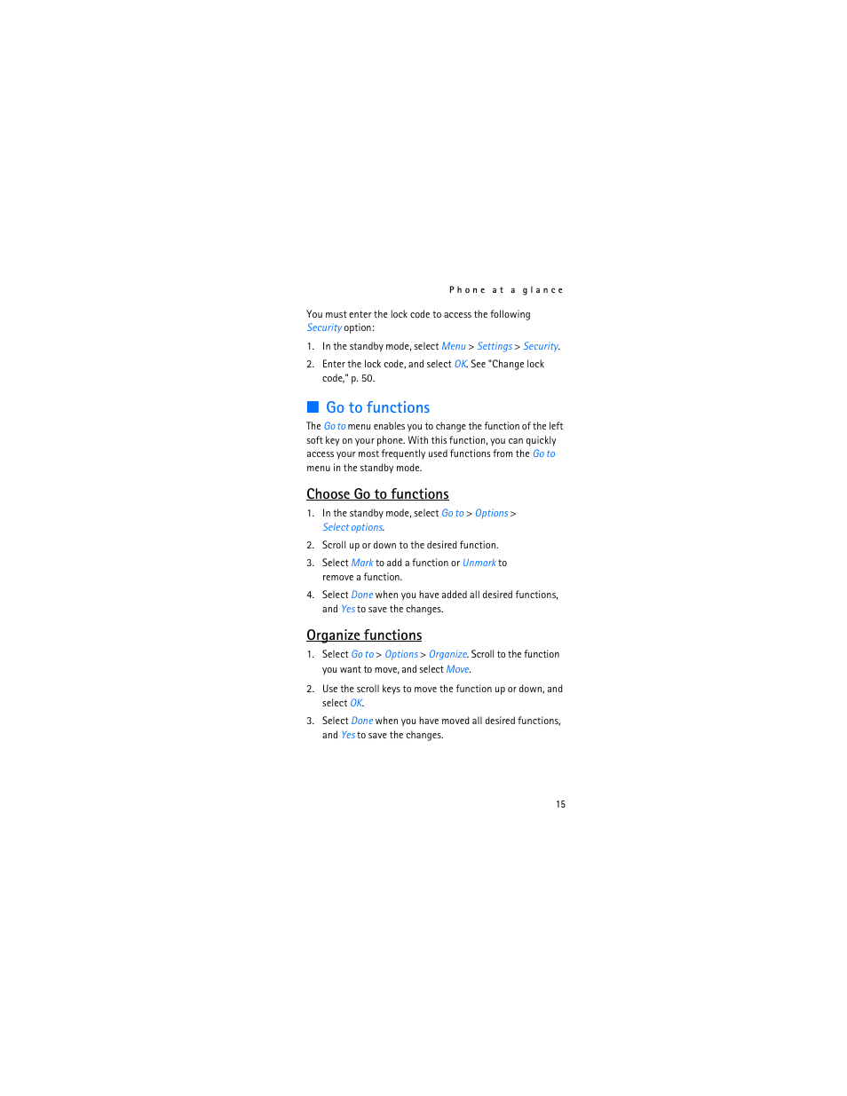 Go to functions, Choose go to functions, Organize functions | Nokia 2366i User Manual | Page 16 / 113