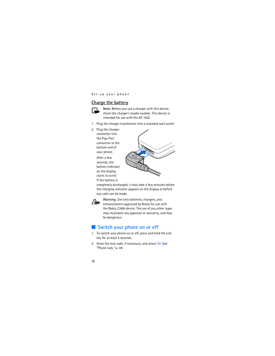 Switch your phone on or off, Charge the battery | Nokia 2366i User Manual | Page 19 / 113