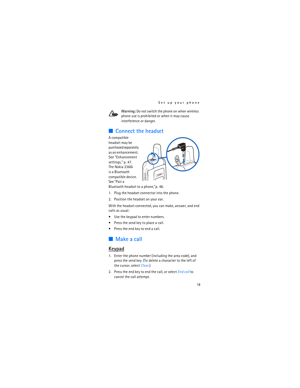 Connect the headset, Make a call, Keypad | Nokia 2366i User Manual | Page 20 / 113