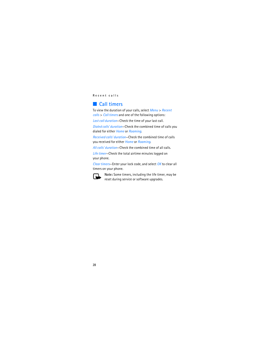 Call timers | Nokia 2366i User Manual | Page 29 / 113