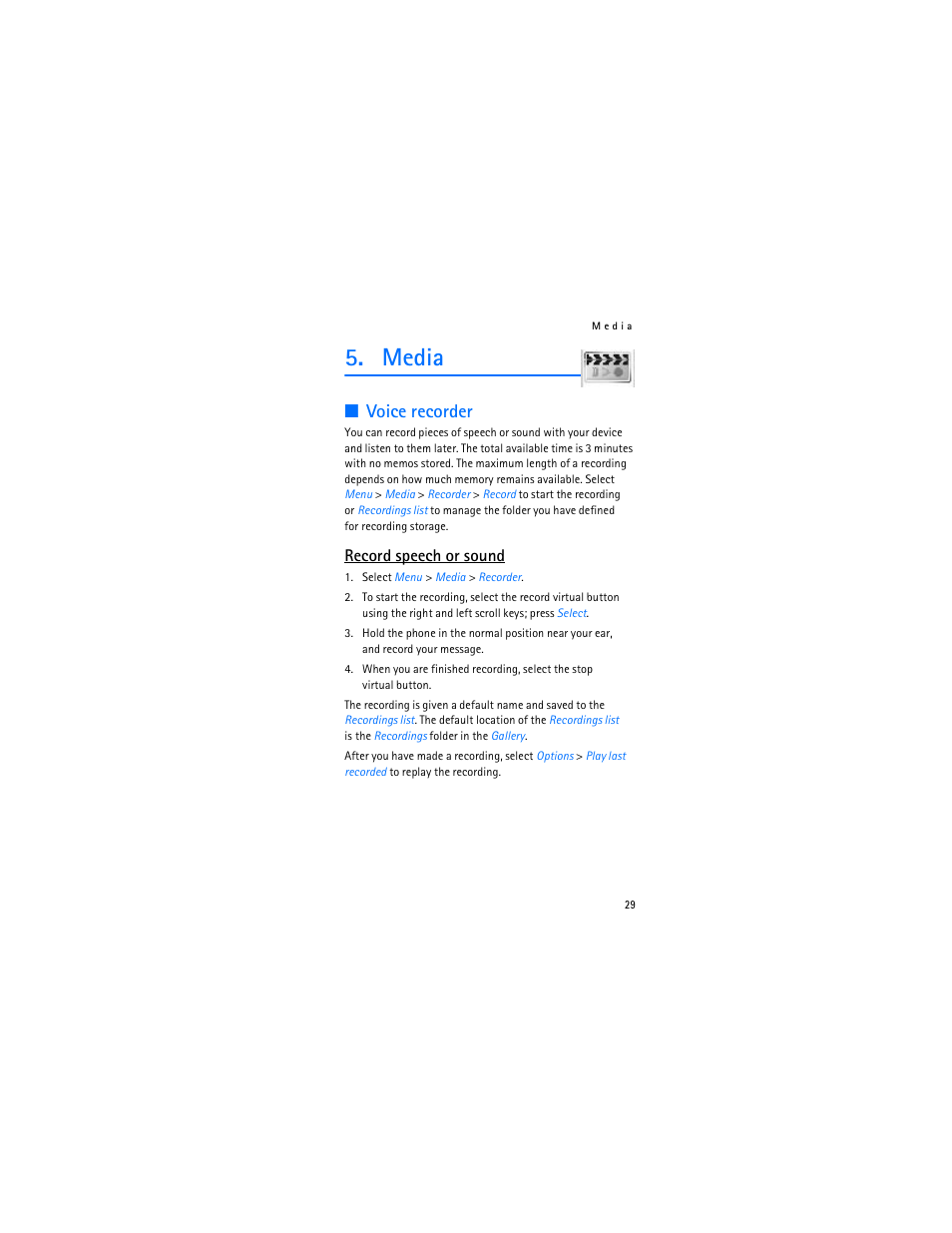 Media, Voice recorder, Record speech or sound | Nokia 2366i User Manual | Page 30 / 113