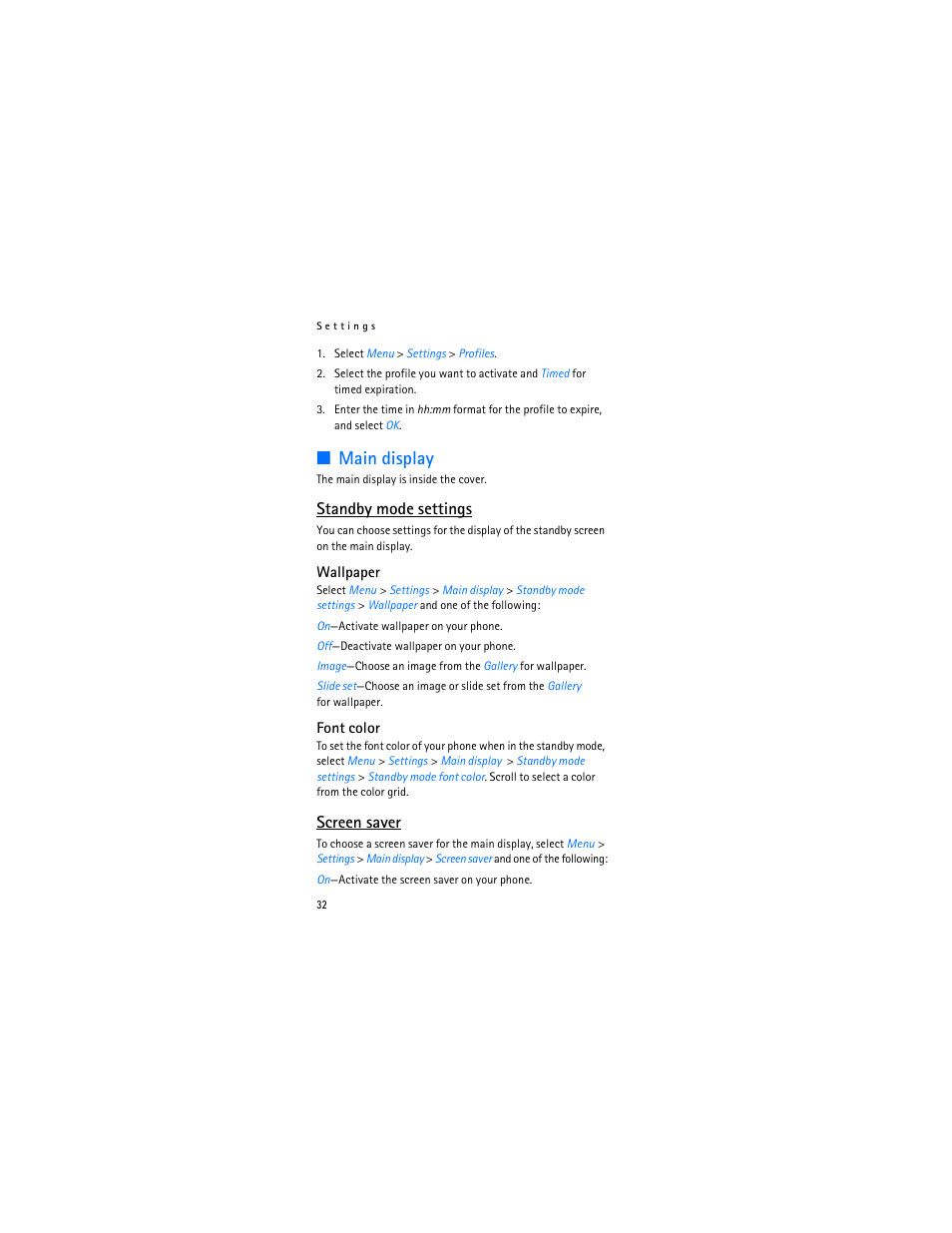 Main display, Standby mode settings, Screen saver | Nokia 2366i User Manual | Page 33 / 113