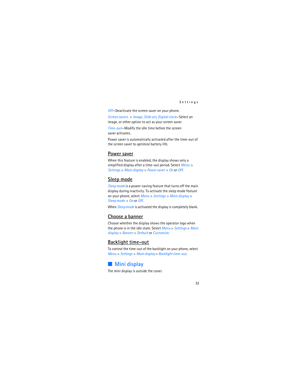 Mini display, Power saver, Sleep mode | Choose a banner, Backlight time-out | Nokia 2366i User Manual | Page 34 / 113