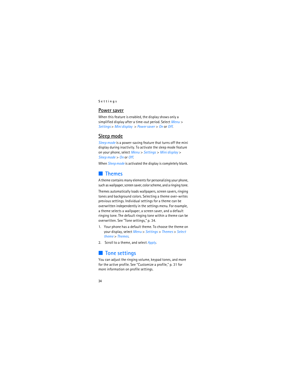 Themes, Tone settings, Power saver | Sleep mode | Nokia 2366i User Manual | Page 35 / 113