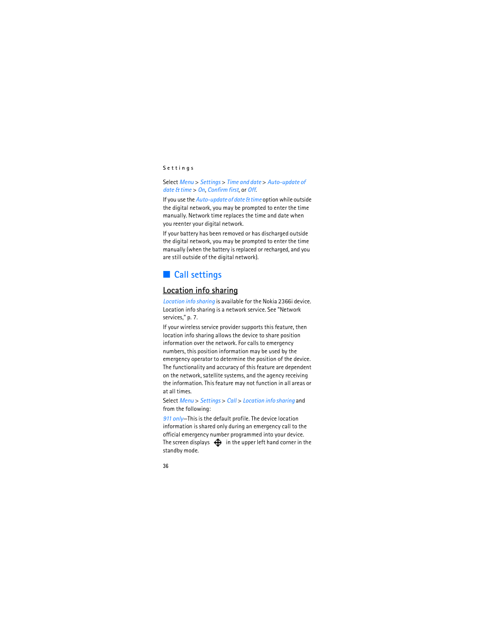 Location info sharing," p. 36, Call settings, Location info sharing | Nokia 2366i User Manual | Page 37 / 113