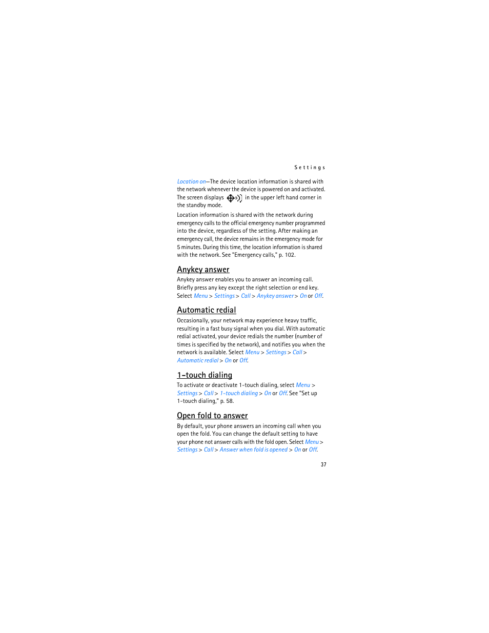 Anykey answer, Automatic redial, Touch dialing | Open fold to answer | Nokia 2366i User Manual | Page 38 / 113