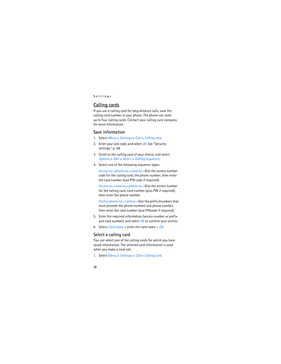 Calling cards | Nokia 2366i User Manual | Page 39 / 113