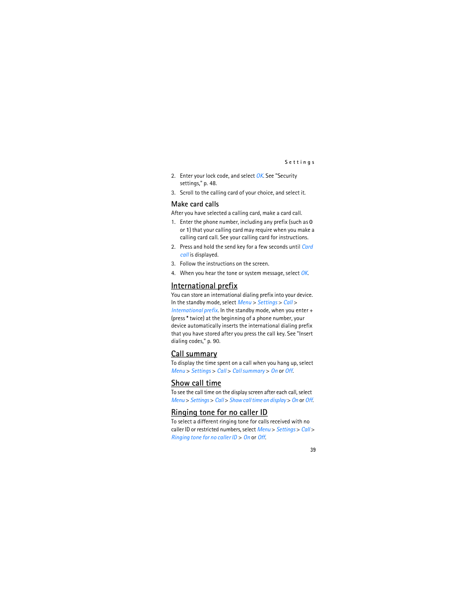 International prefix, Call summary, Show call time | Ringing tone for no caller id | Nokia 2366i User Manual | Page 40 / 113