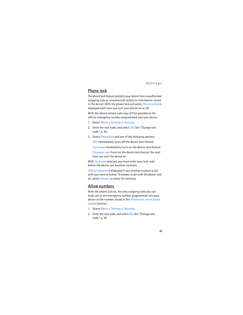 Phone lock, Allow numbers | Nokia 2366i User Manual | Page 50 / 113