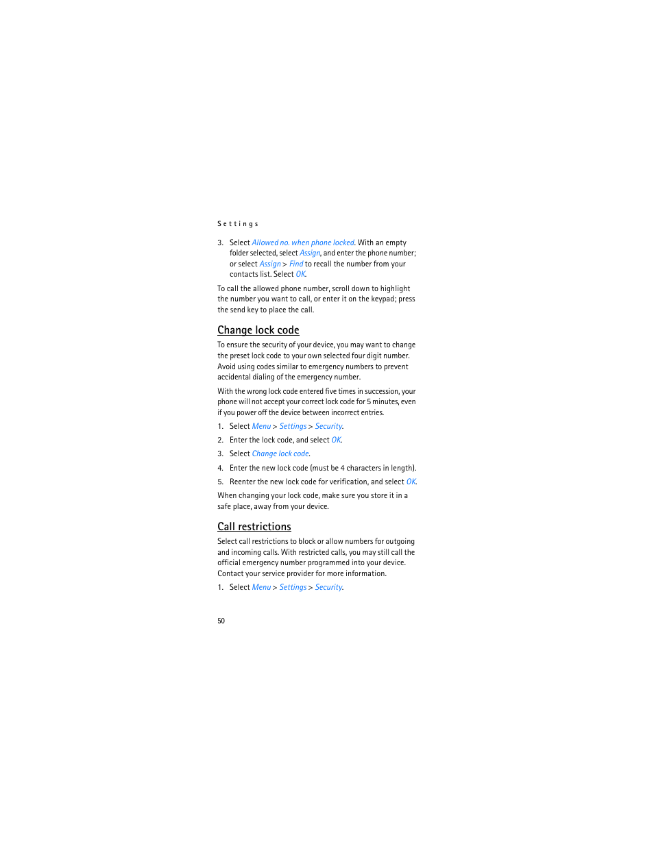 Change lock, Code," p. 50, Ee "change lock | Change lock code, Call restrictions | Nokia 2366i User Manual | Page 51 / 113