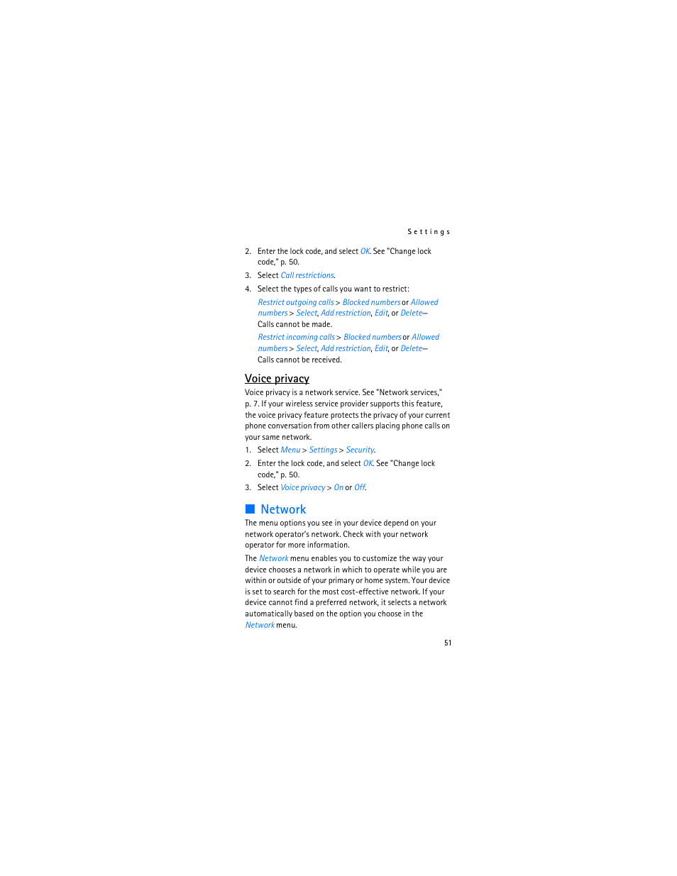 Network, Voice privacy | Nokia 2366i User Manual | Page 52 / 113