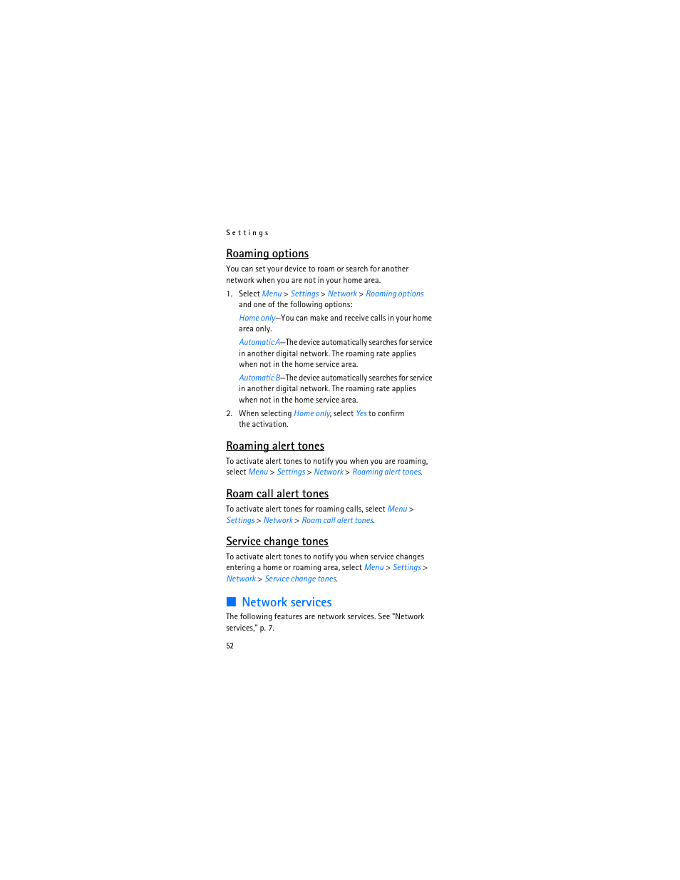 Roaming options," p. 52, Network services, Roaming options | Roaming alert tones, Roam call alert tones, Service change tones | Nokia 2366i User Manual | Page 53 / 113