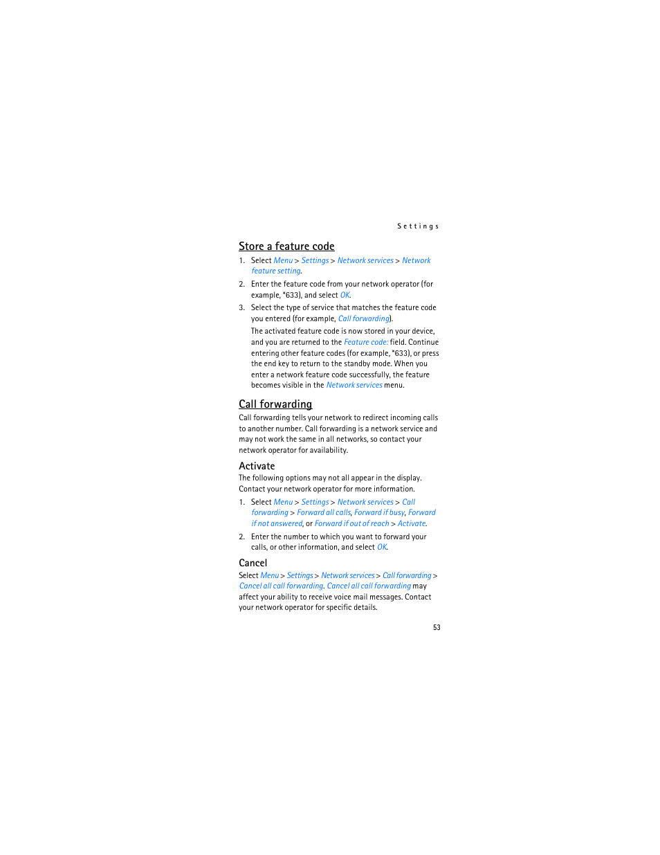 Store a feature code, Call forwarding | Nokia 2366i User Manual | Page 54 / 113