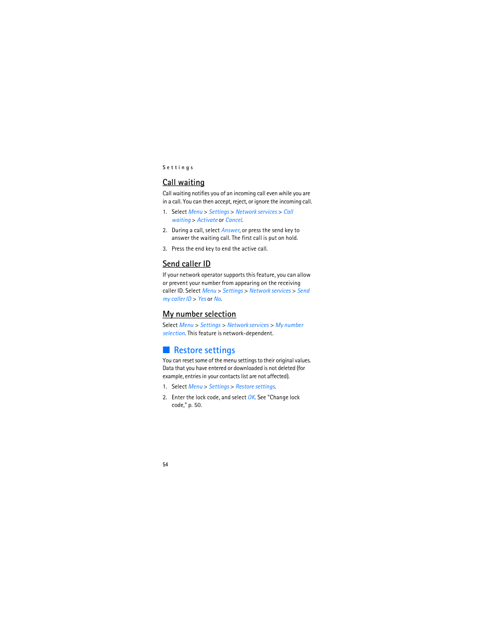 Restore settings, Call waiting, Send caller id | My number selection | Nokia 2366i User Manual | Page 55 / 113