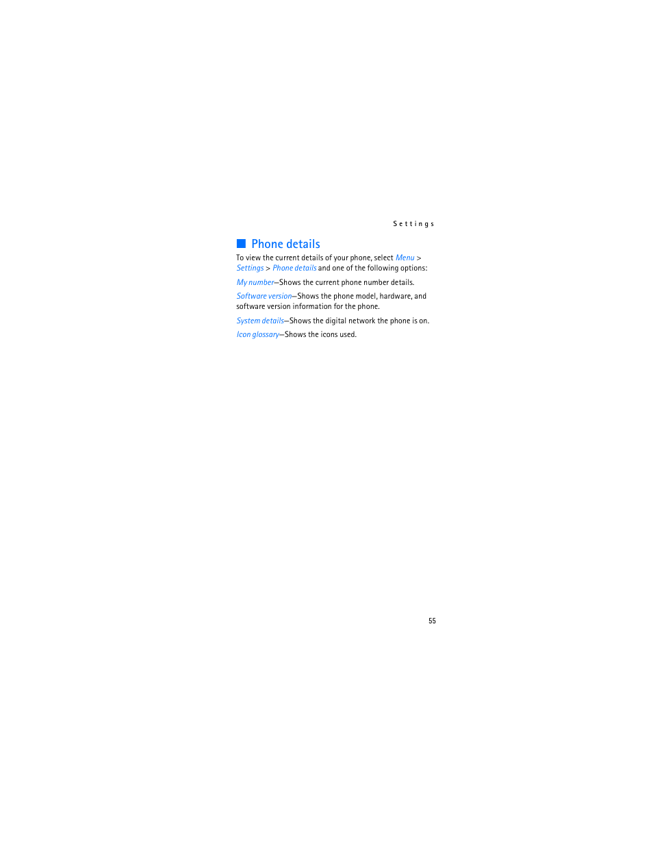 Phone details | Nokia 2366i User Manual | Page 56 / 113