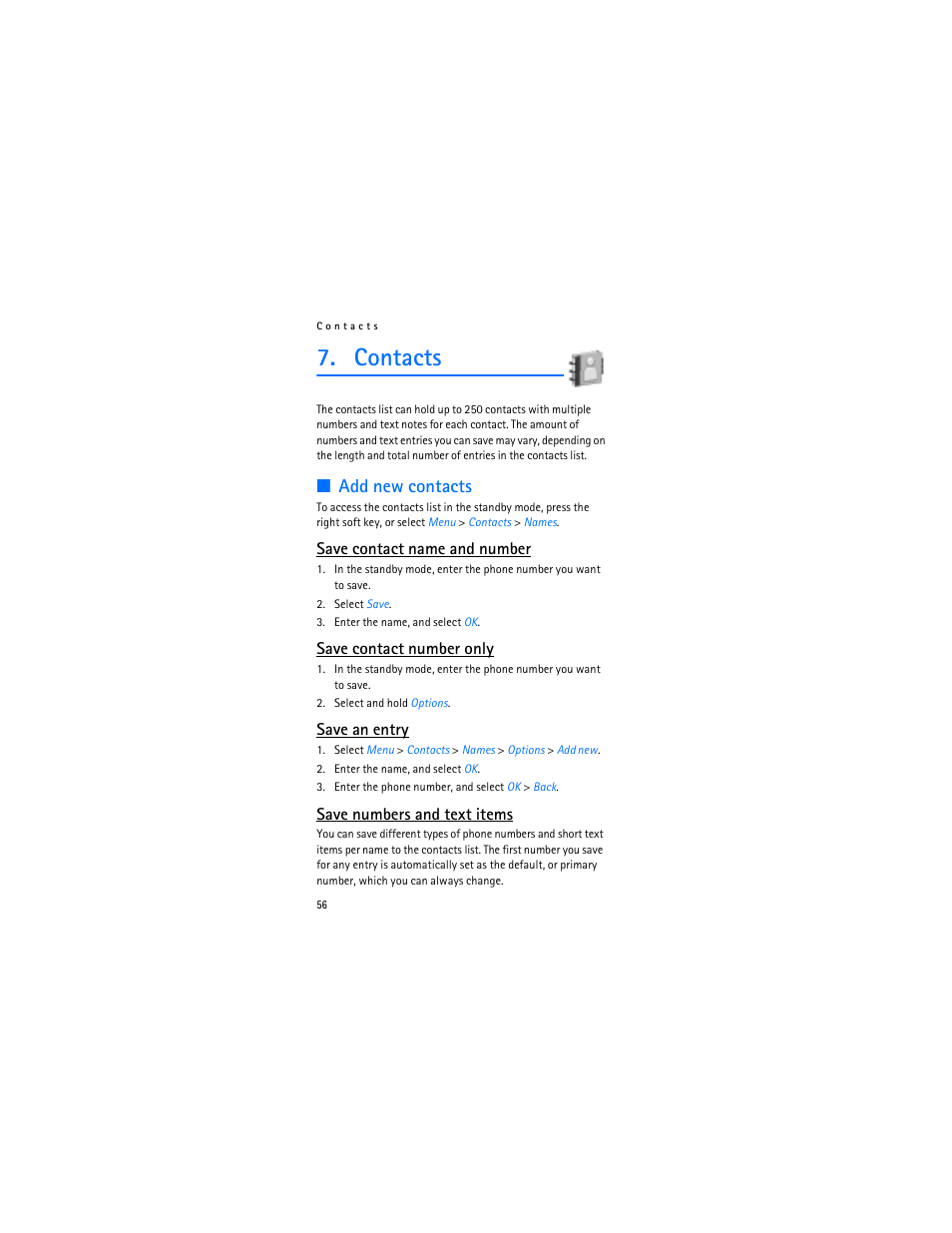 Contacts, Add new contacts, Save contact name and number | Save contact number only, Save an entry, Save numbers and text items | Nokia 2366i User Manual | Page 57 / 113