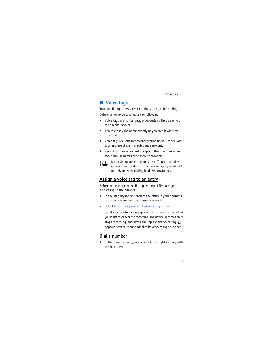 Voice tags, Assign a voice tag to an entry, Dial a number | Nokia 2366i User Manual | Page 60 / 113