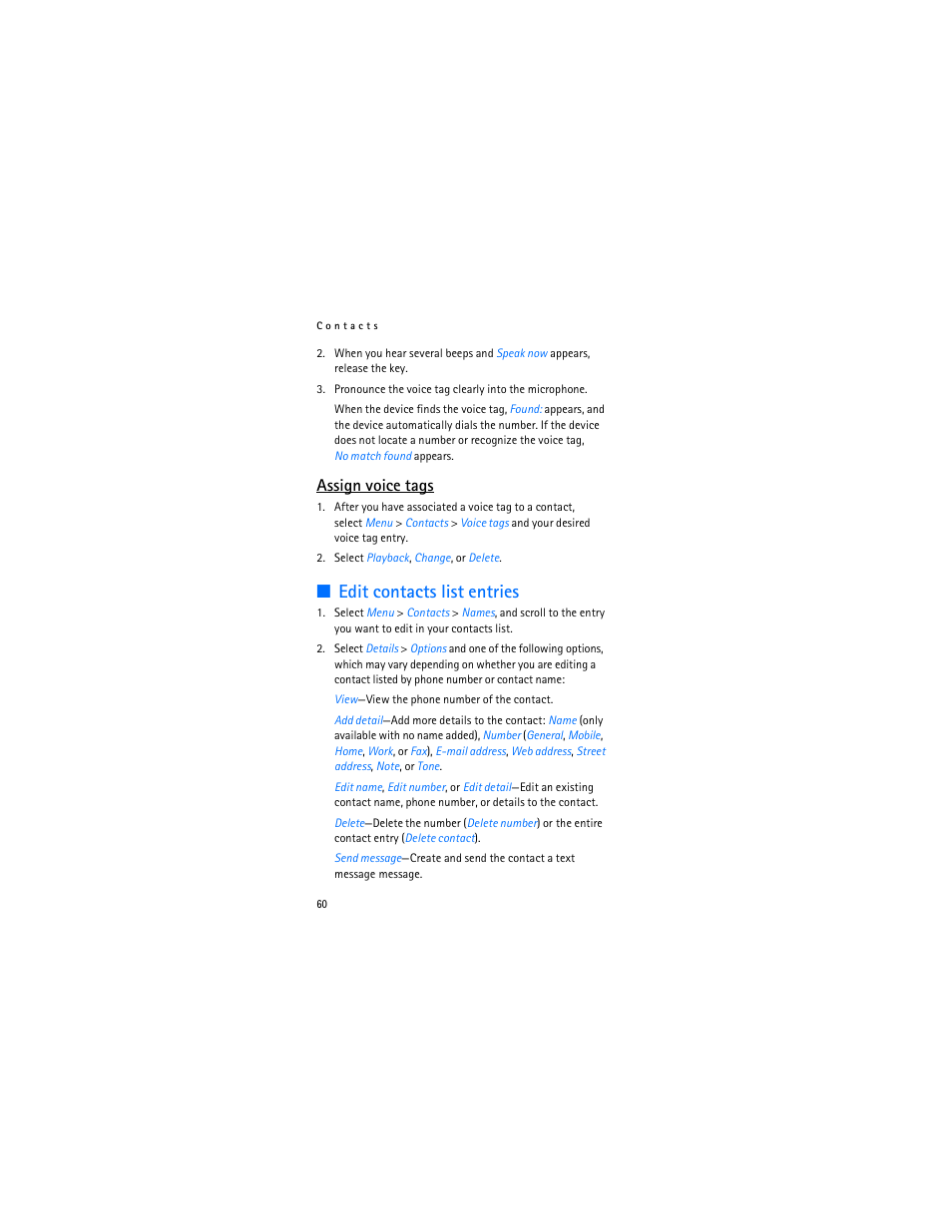Edit contacts list entries, Assign voice tags | Nokia 2366i User Manual | Page 61 / 113