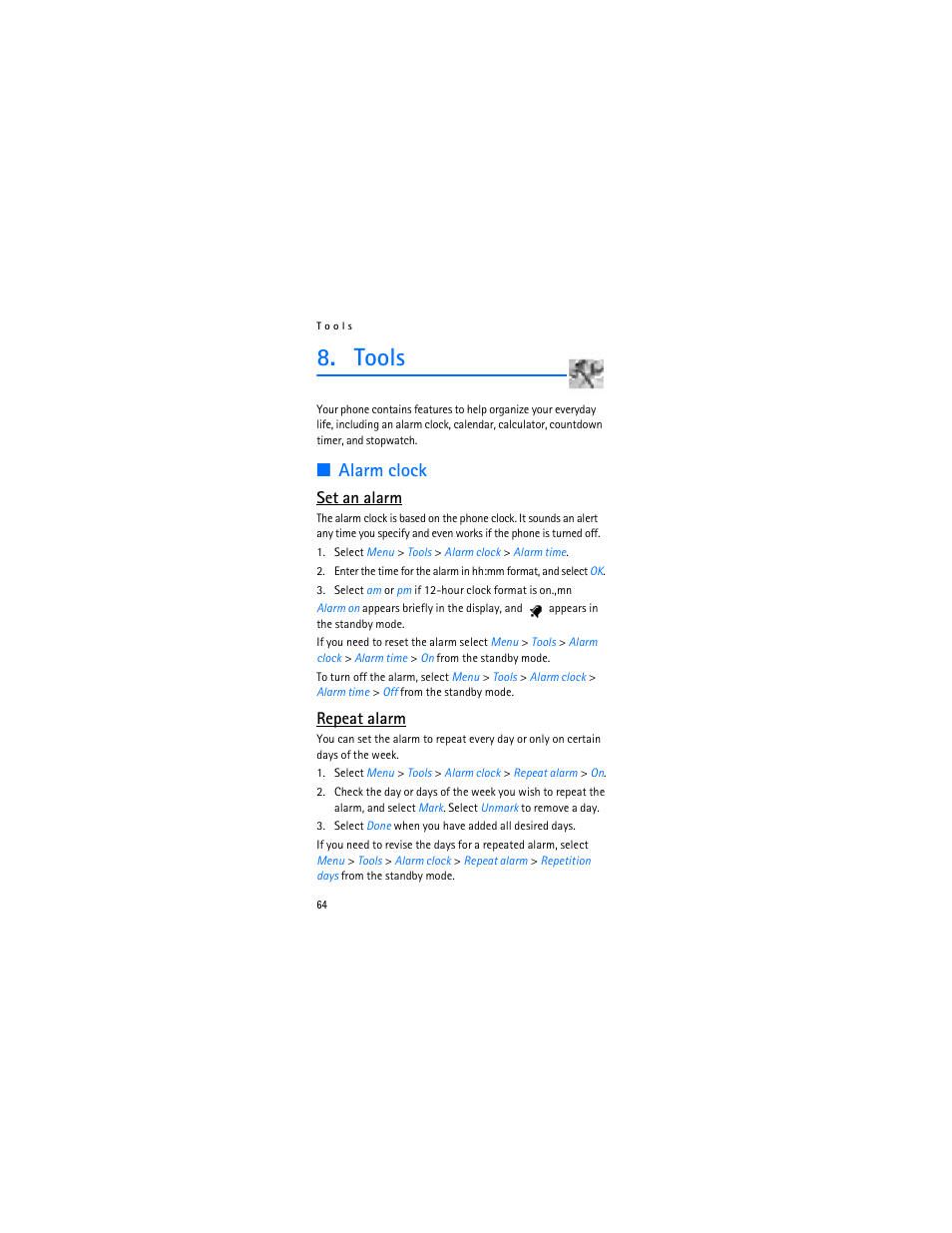 8, tools, Tools, Alarm clock," p. 64 | Alarm clock, Set an alarm, Repeat alarm | Nokia 2366i User Manual | Page 65 / 113