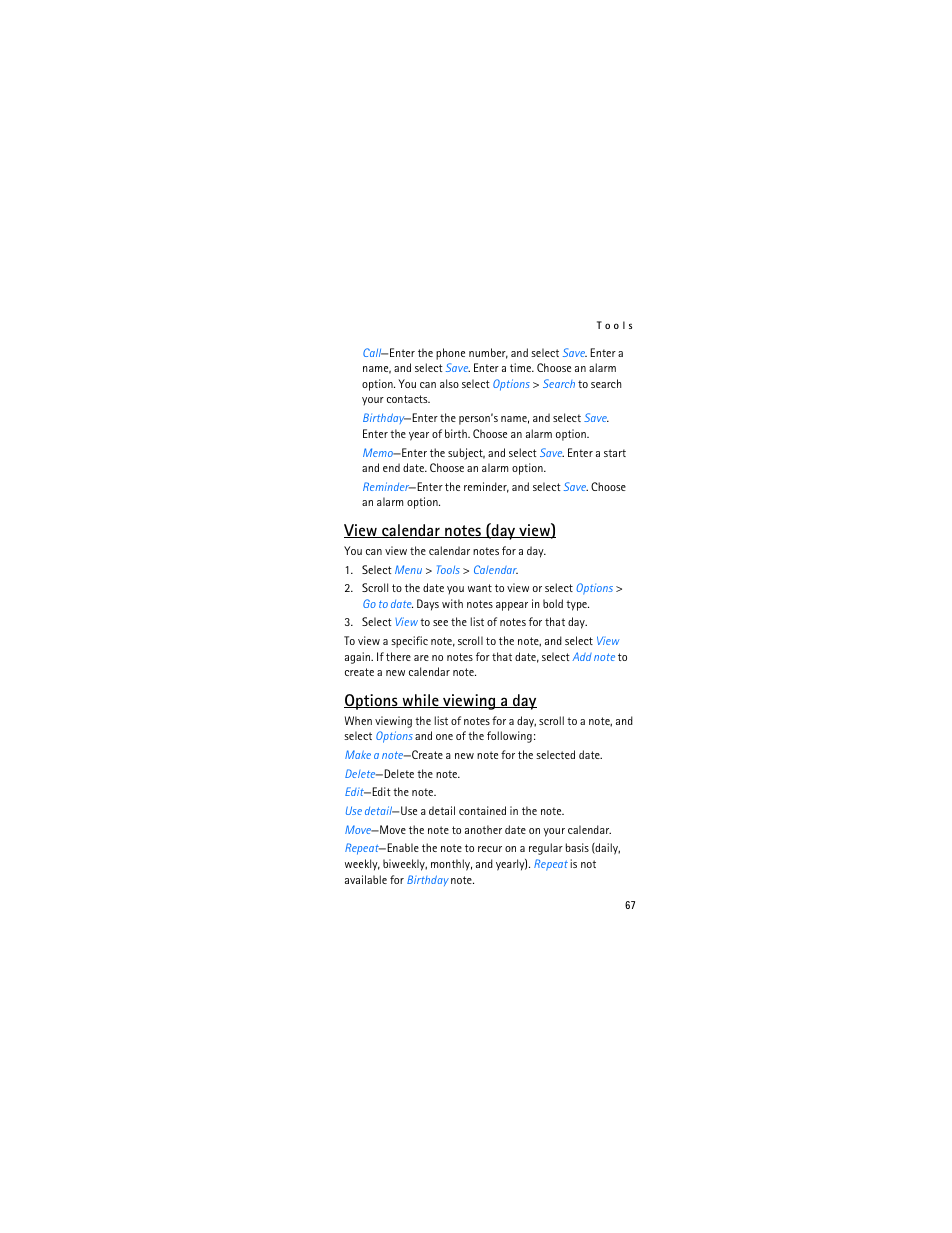 Options while viewing a day | Nokia 2366i User Manual | Page 68 / 113