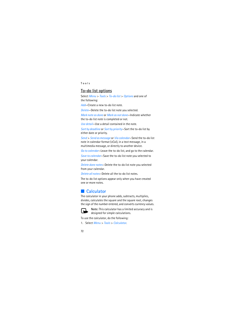 Calculator, To-do list options | Nokia 2366i User Manual | Page 73 / 113