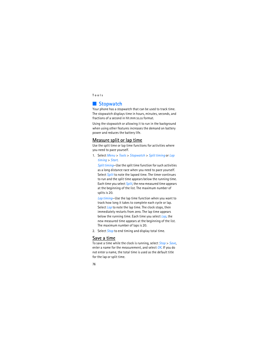 Stopwatch, Measure split or lap time, Save a time | Nokia 2366i User Manual | Page 77 / 113