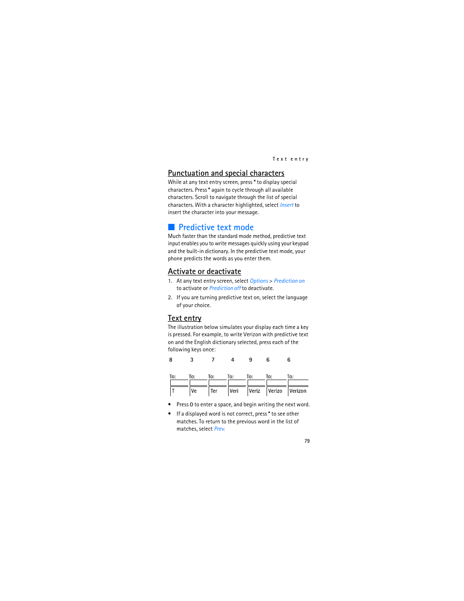 Predictive text mode, Punctuation and special characters, Activate or deactivate | Text entry | Nokia 2366i User Manual | Page 80 / 113