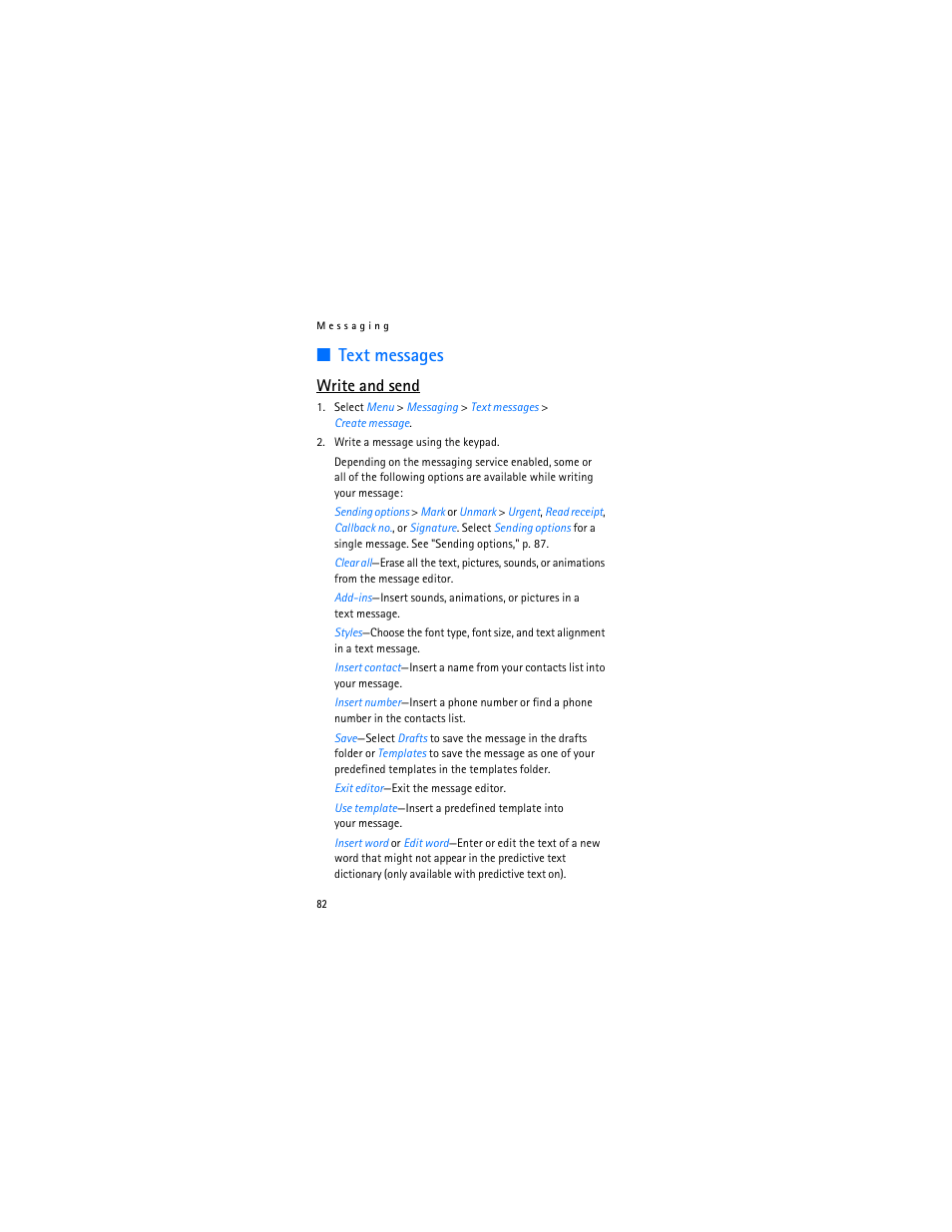 Text messages," p. 82, Text messages, Write and send | Nokia 2366i User Manual | Page 83 / 113