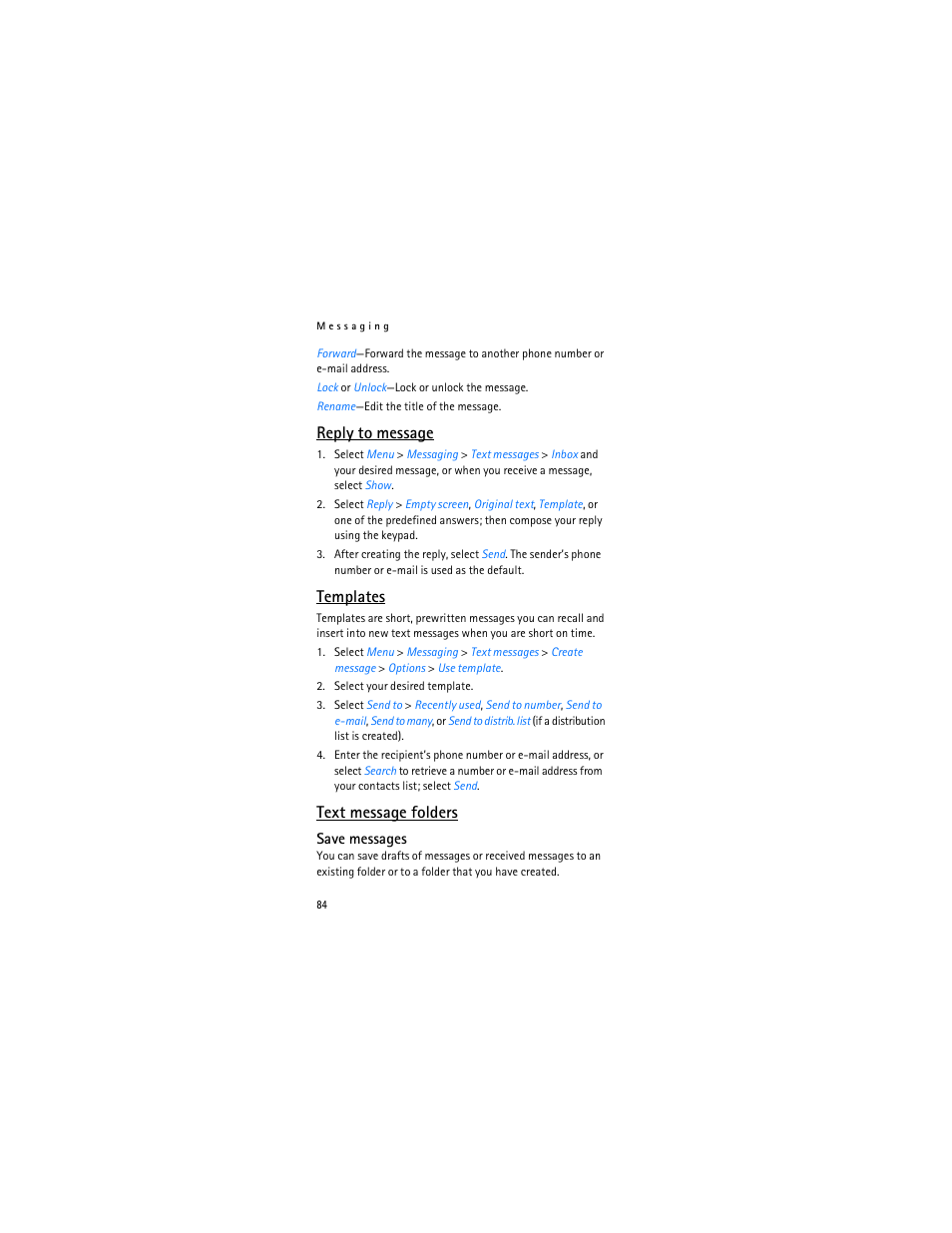 Reply to message, Templates, Text message folders | Nokia 2366i User Manual | Page 85 / 113