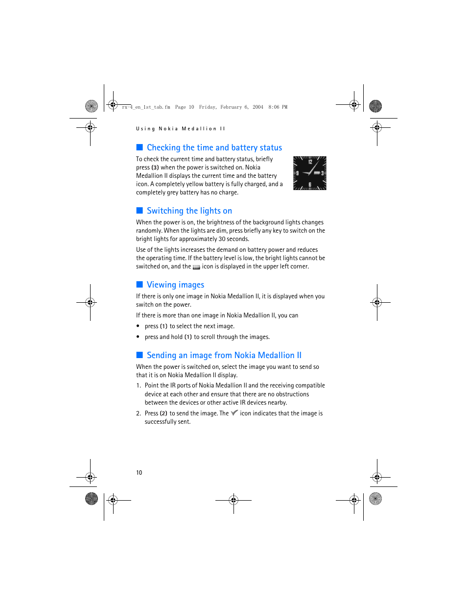Checking the time and battery status, Switching the lights on, Viewing images | Sending an image from nokia medallion ii | Nokia Medallion II User Manual | Page 10 / 14