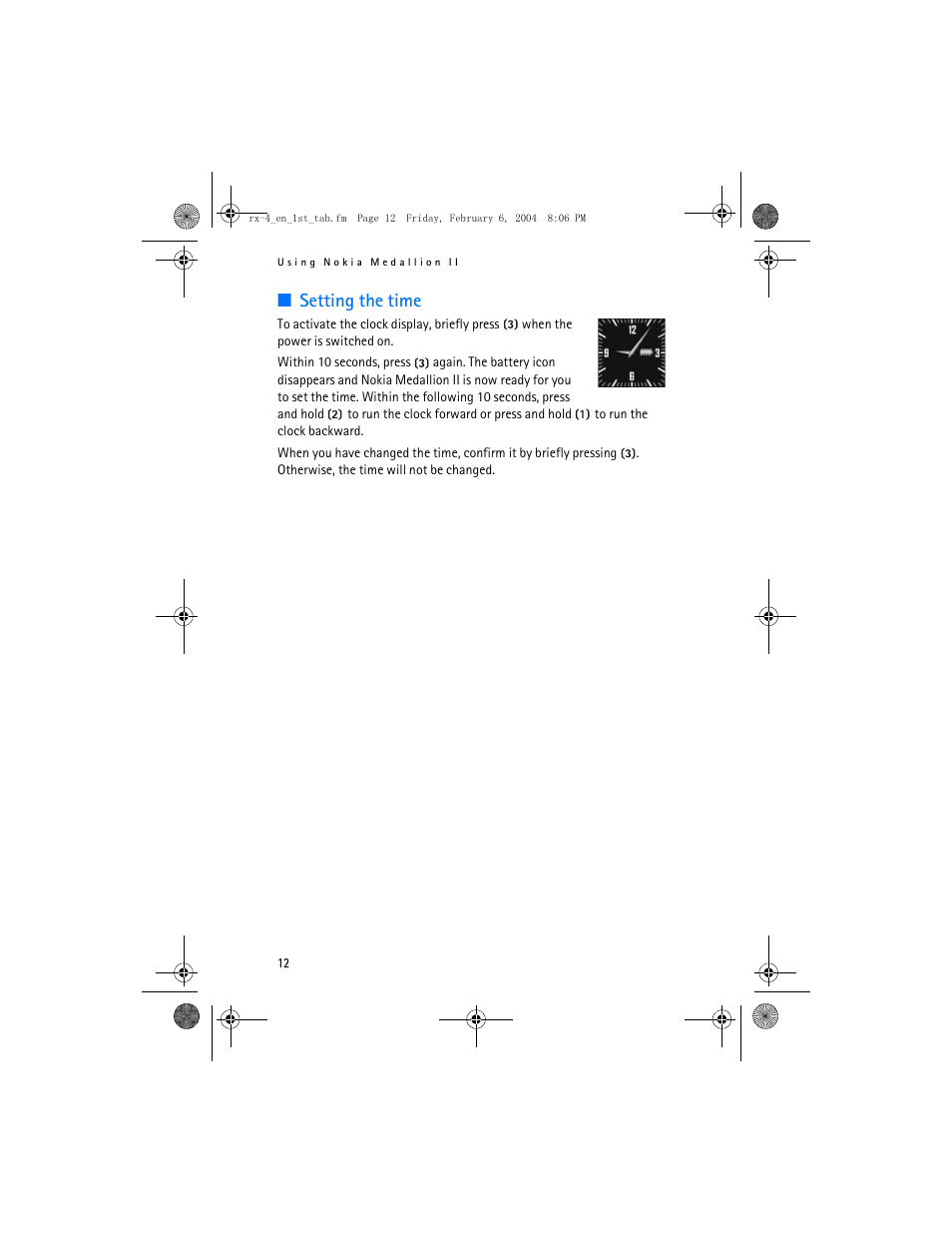 Setting the time | Nokia Medallion II User Manual | Page 12 / 14